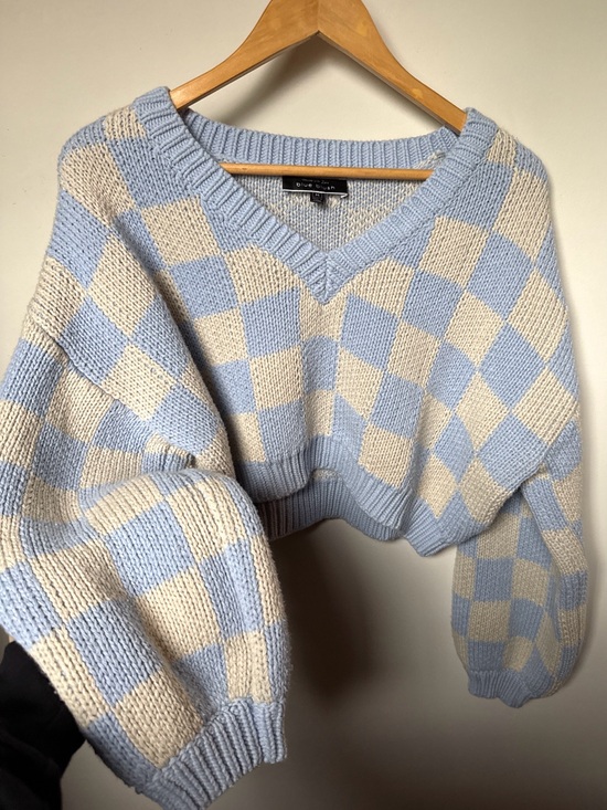 Blue Blush Sweaters - Blue Blush Blue & Cream Checker Knit Cropped Sweater